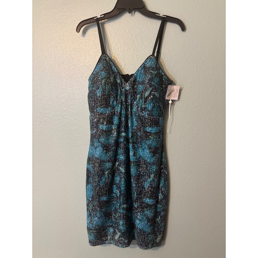 Siena‎ Womens Sequin Mini Dress Teal Blue Floral V-Neck Spaghetti Strap Size 12